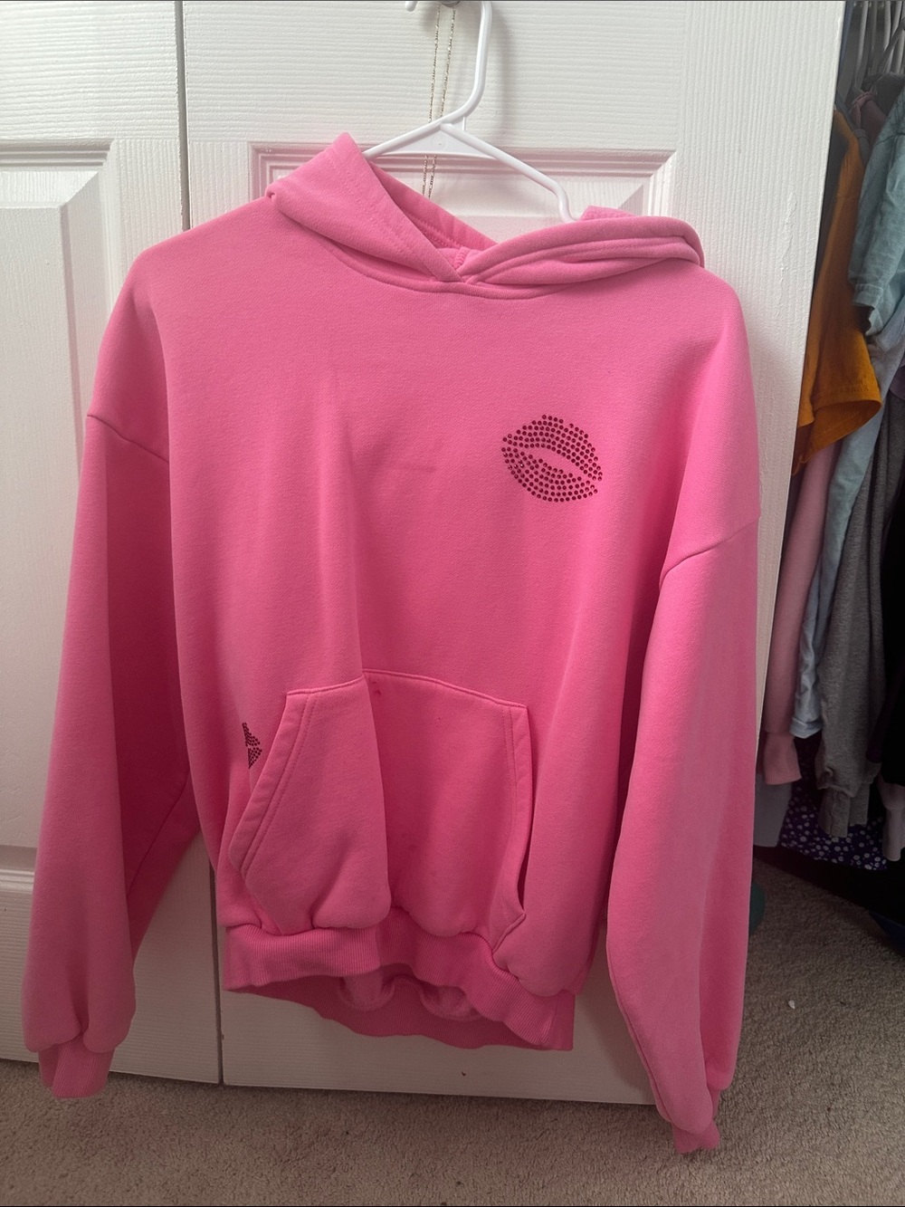 Pink Rhinestone Kiss Hoodie - Women's Pullover Hooded Top